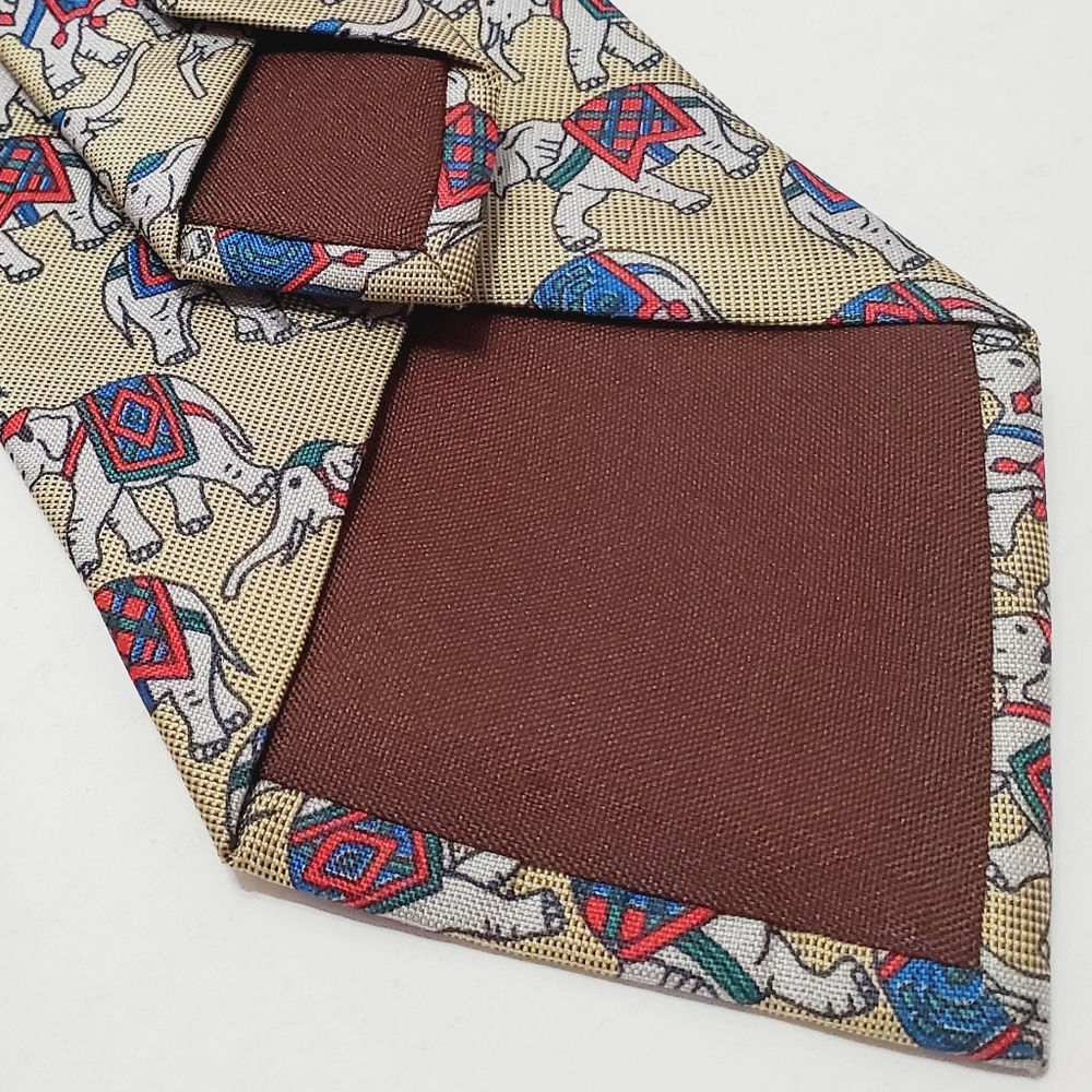 Thai Silk Village Necktie Multicolor Geometric Pattern Men's Silk Elephant Theme - Picture 4 of 5